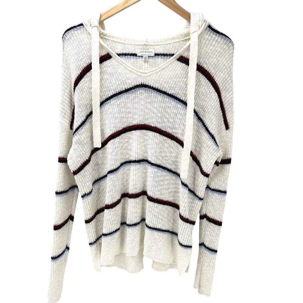 Lucky Brand Cream Knit Hoodie with Navy and Burgundy Stripes